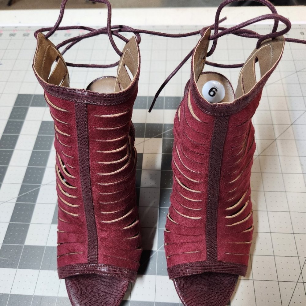 Burgundy (Wine) Suede, Open Toe, Tie Back/ faux leather 4.5" heel